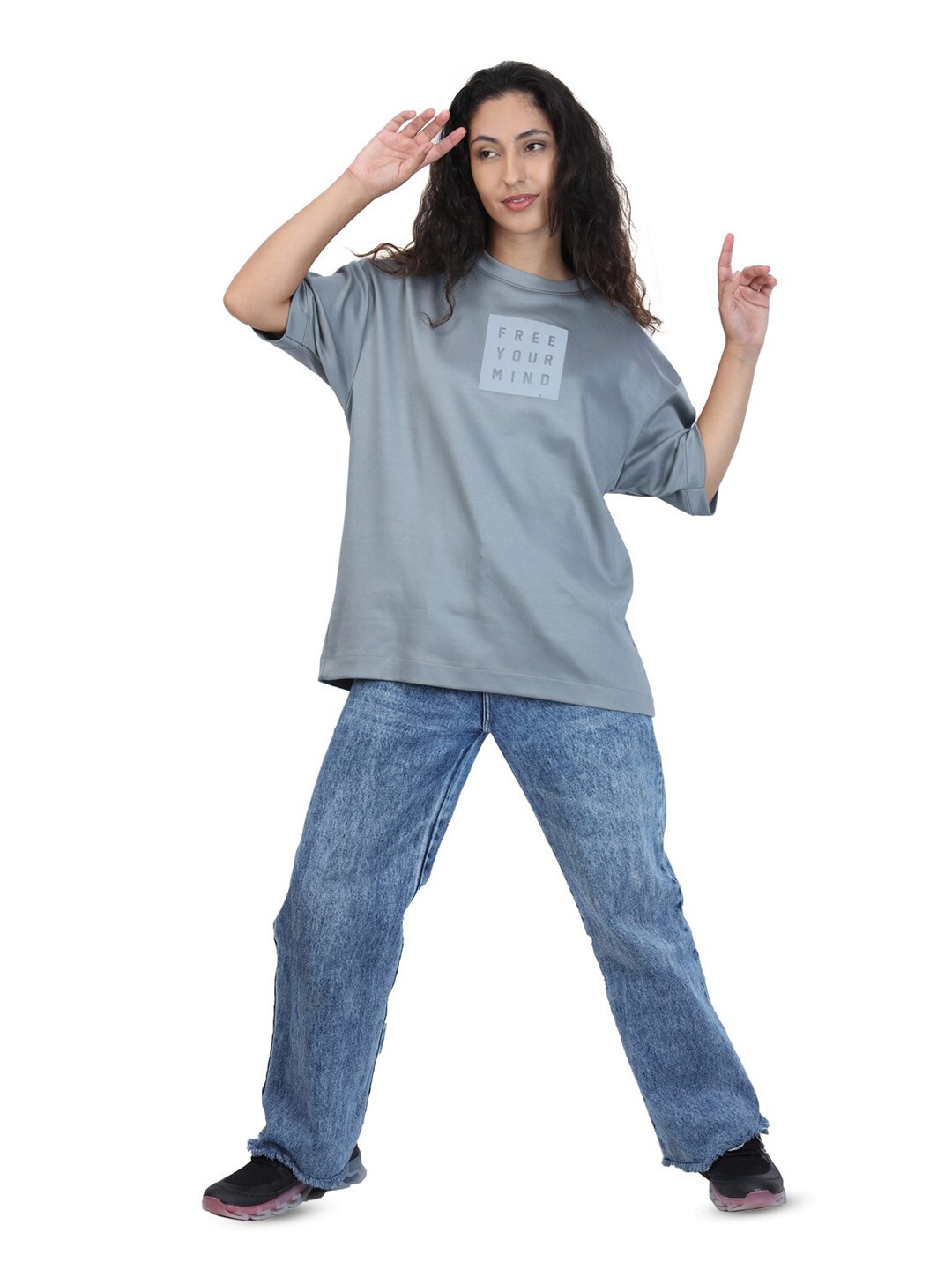 

ZU Printed Drop-Shoulder Sleeves Round Neck Oversized T-shirt, Grey