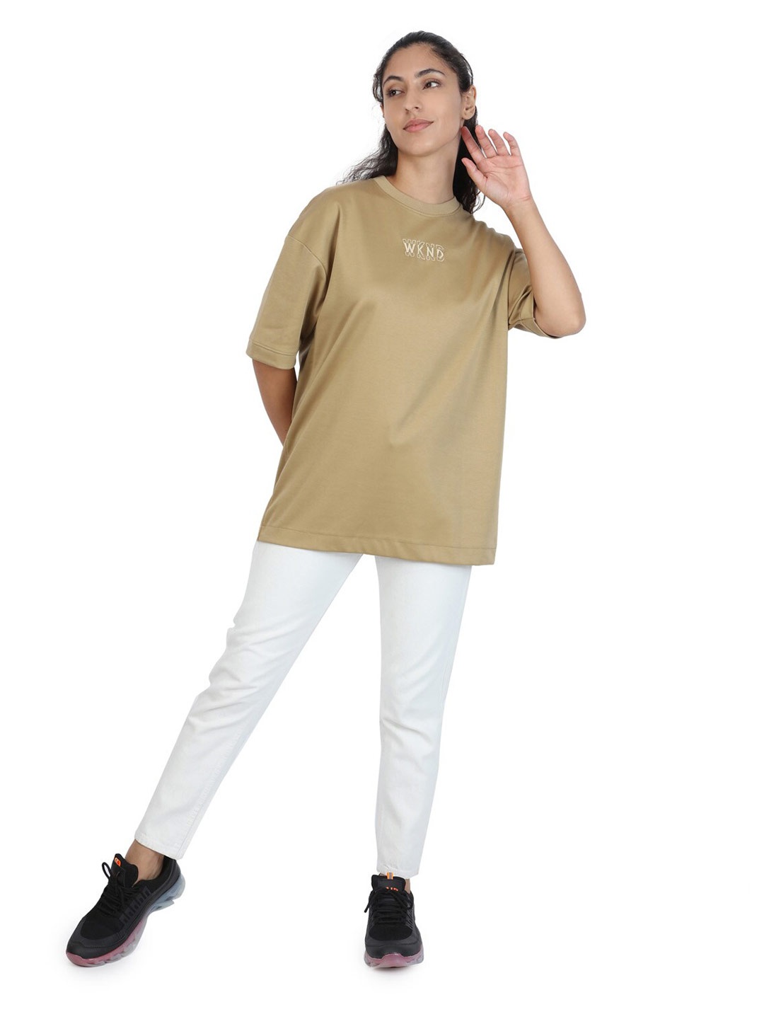 

ZU Printed Drop-Shoulder Sleeves Round Neck Oversized T-shirt, Beige