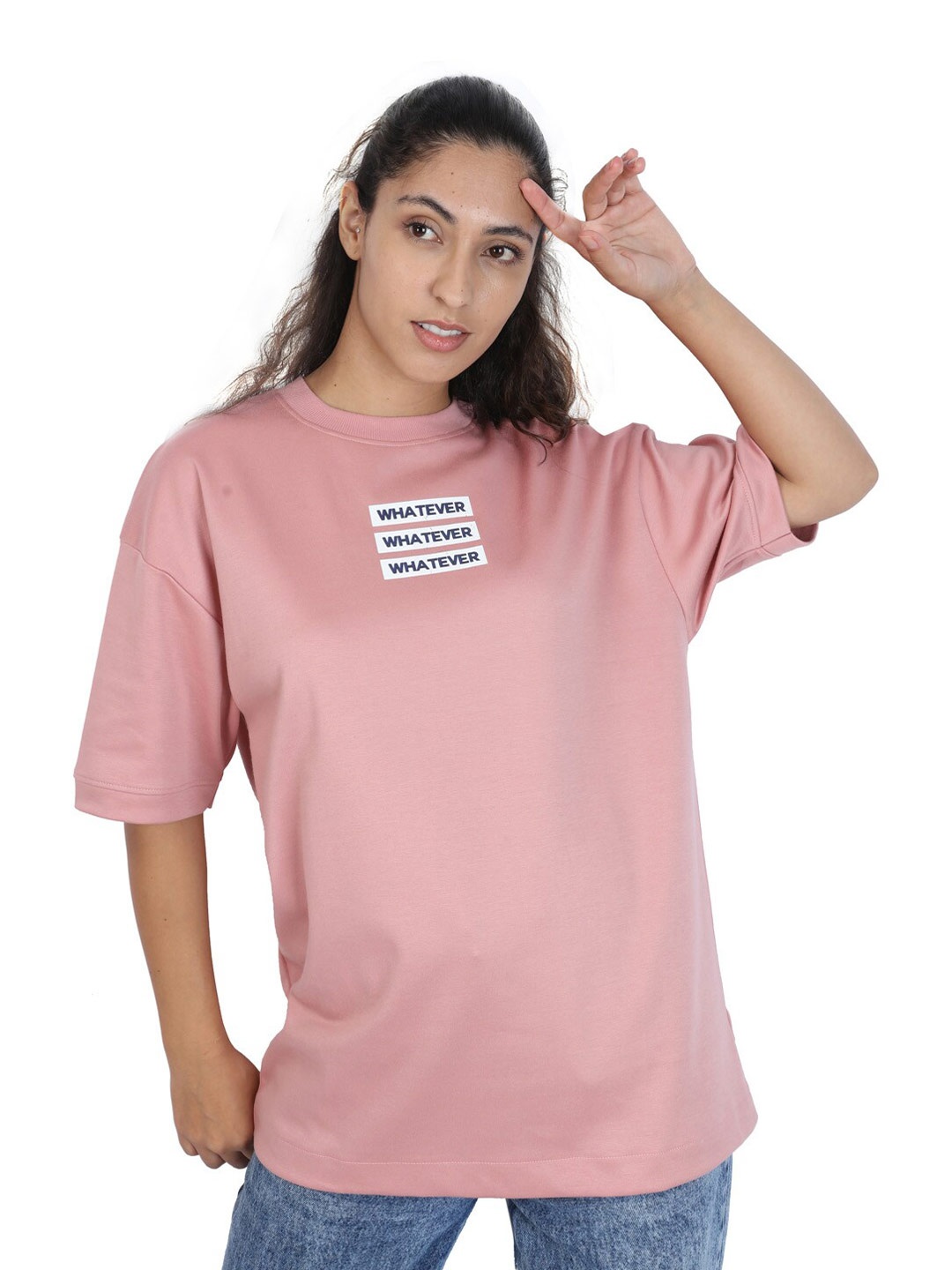 

ZU Printed Drop-Shoulder Sleeves Round Neck Oversized T-shirt, Pink
