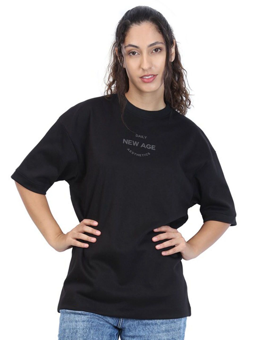 

ZU Round Neck Oversized Cotton T-shirt, Black