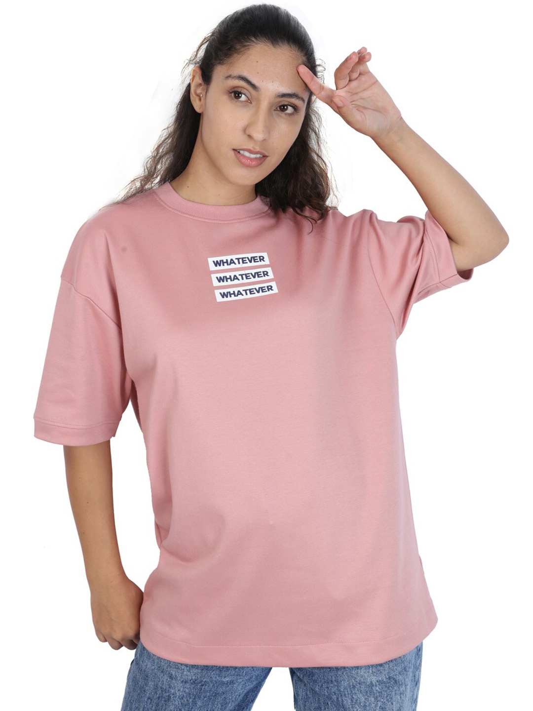 

ZU Round Neck Oversized Cotton T-shirt, Pink