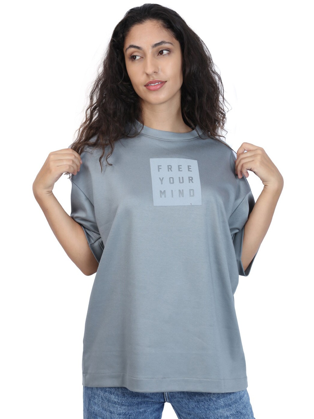 

ZU Typography Printed Round Neck Oversized Cotton T-shirt, Grey