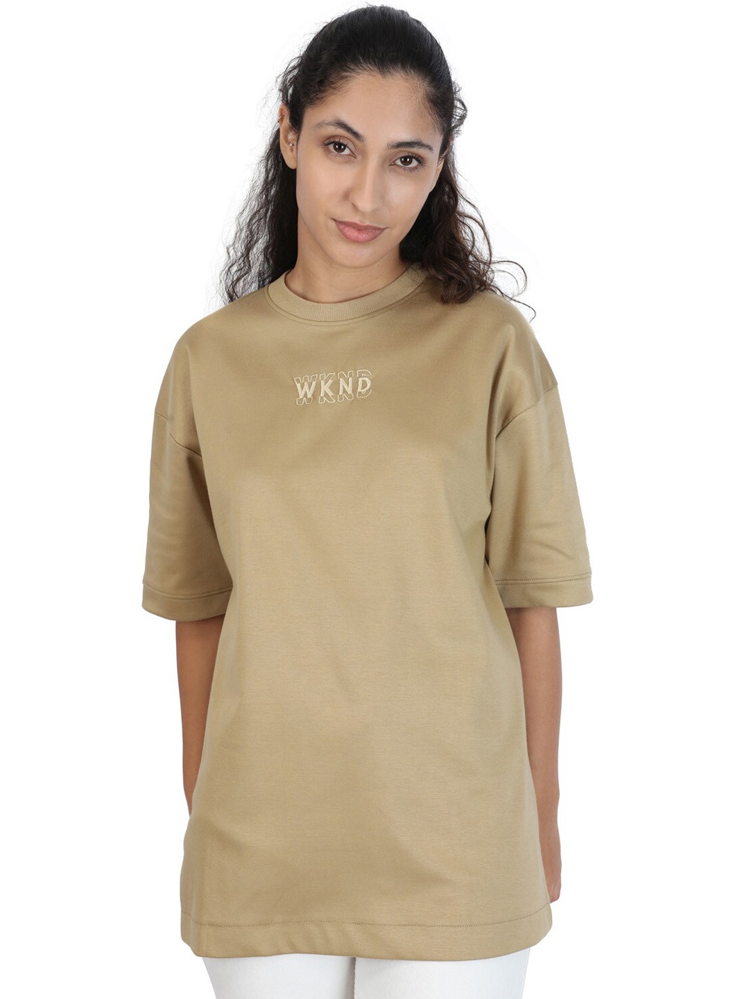 

ZU Round Neck Oversized Cotton T-shirt, Beige