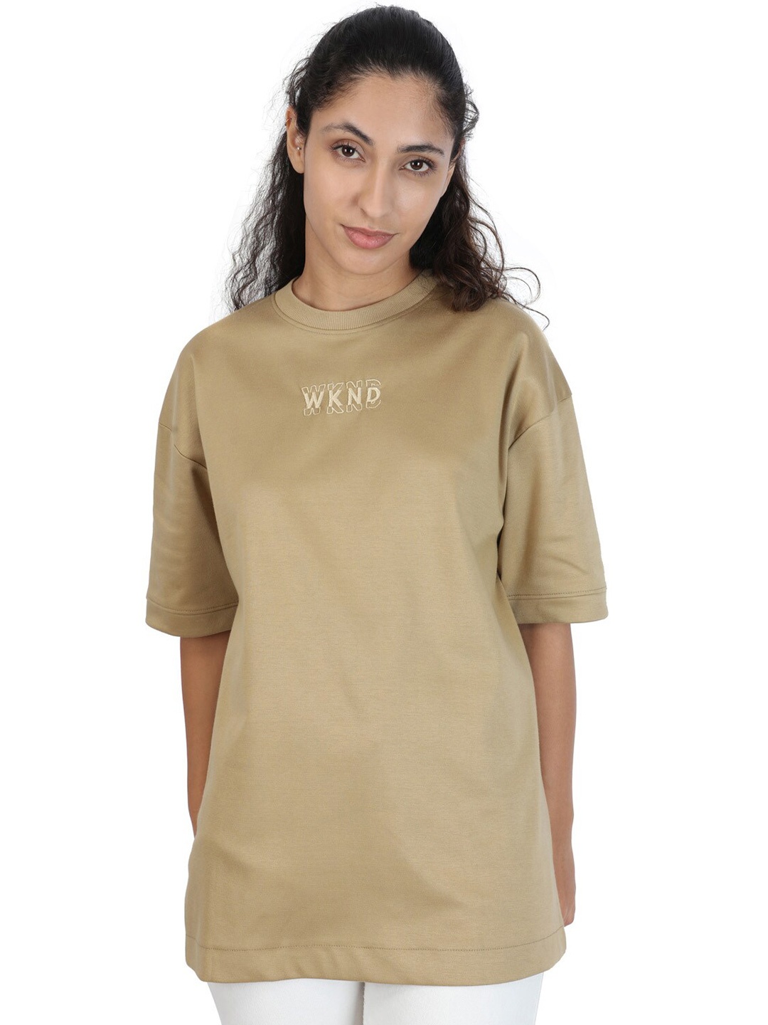 

ZU Round Neck Oversized Cotton T-shirt, Beige