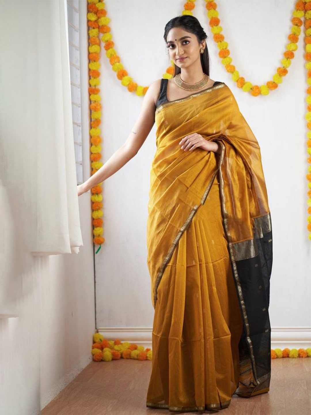 

bansari textiles Ethnic Motifs Zari Kanjeevaram Saree, Mustard