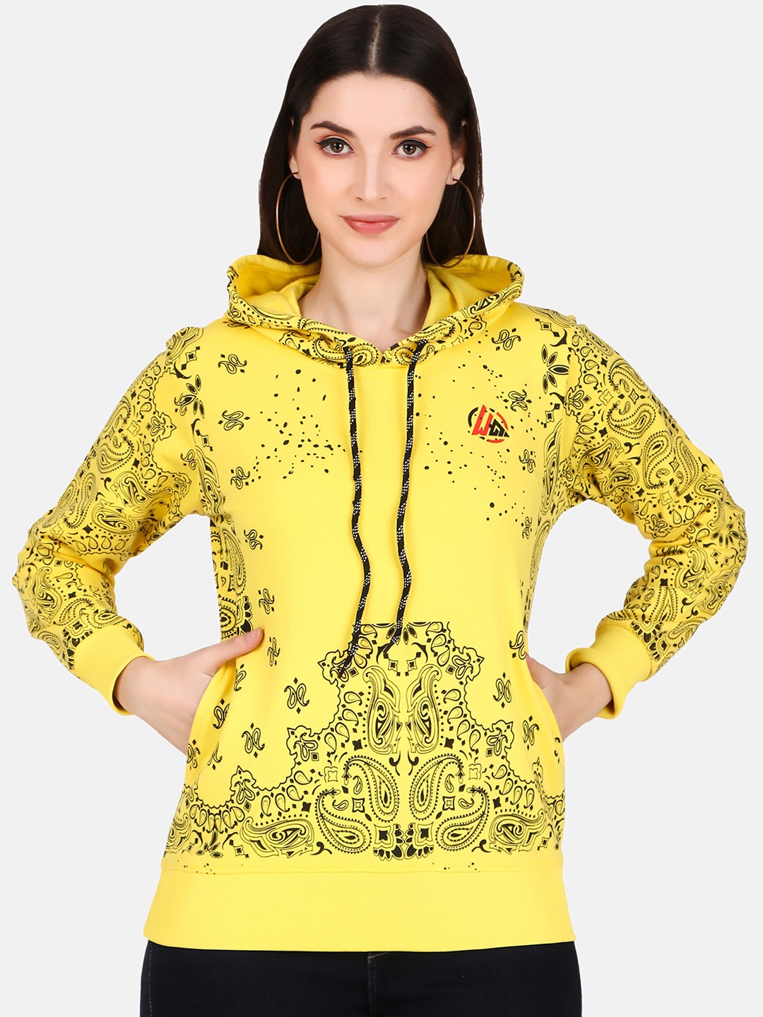 

WELL QUALITY Paisley Printed Hooded Fleece Pullover Sweatshirt, Yellow