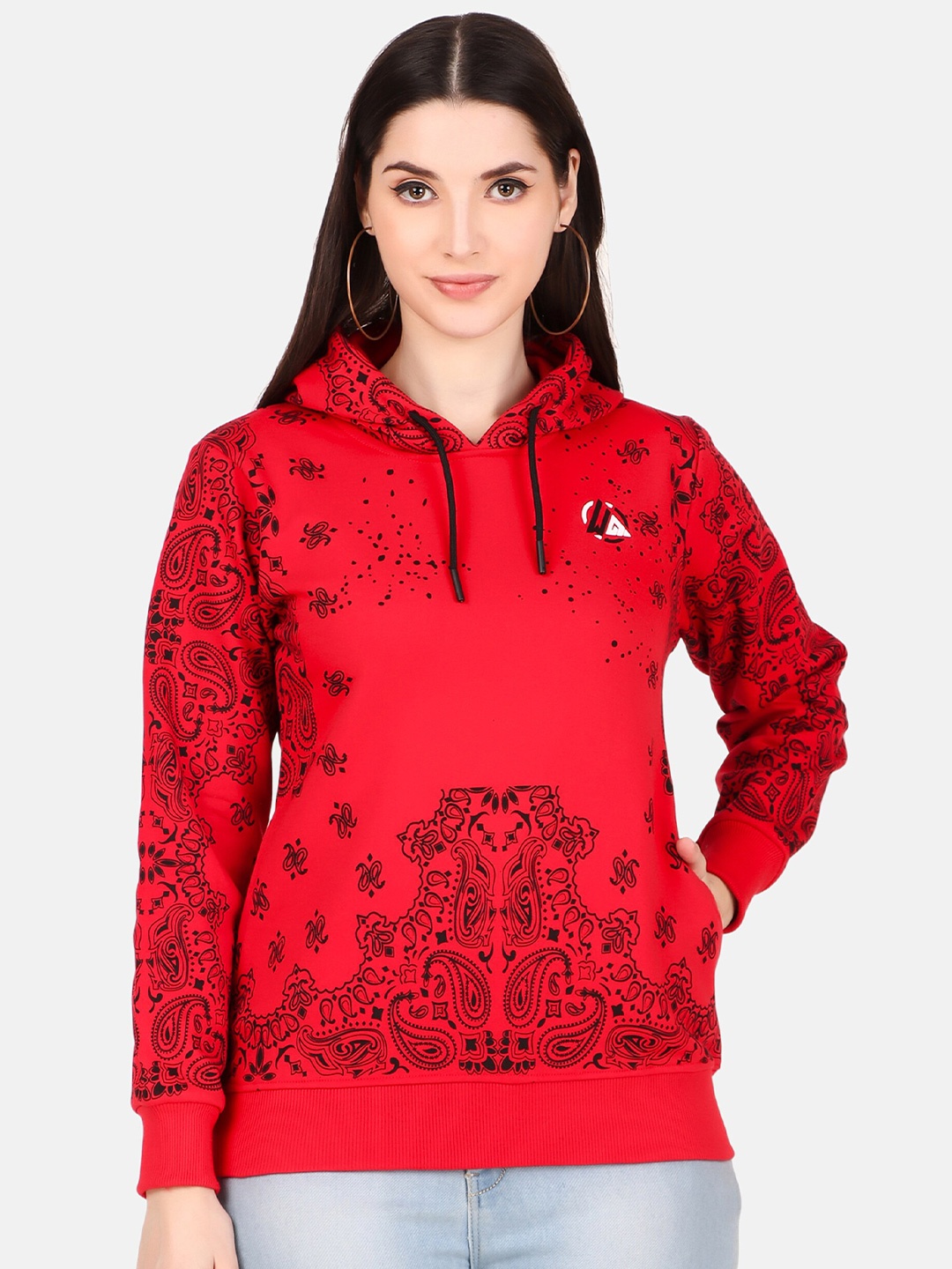 

WELL QUALITY Ethnic Motifs Printed Hooded Fleece Sweatshirt, Red