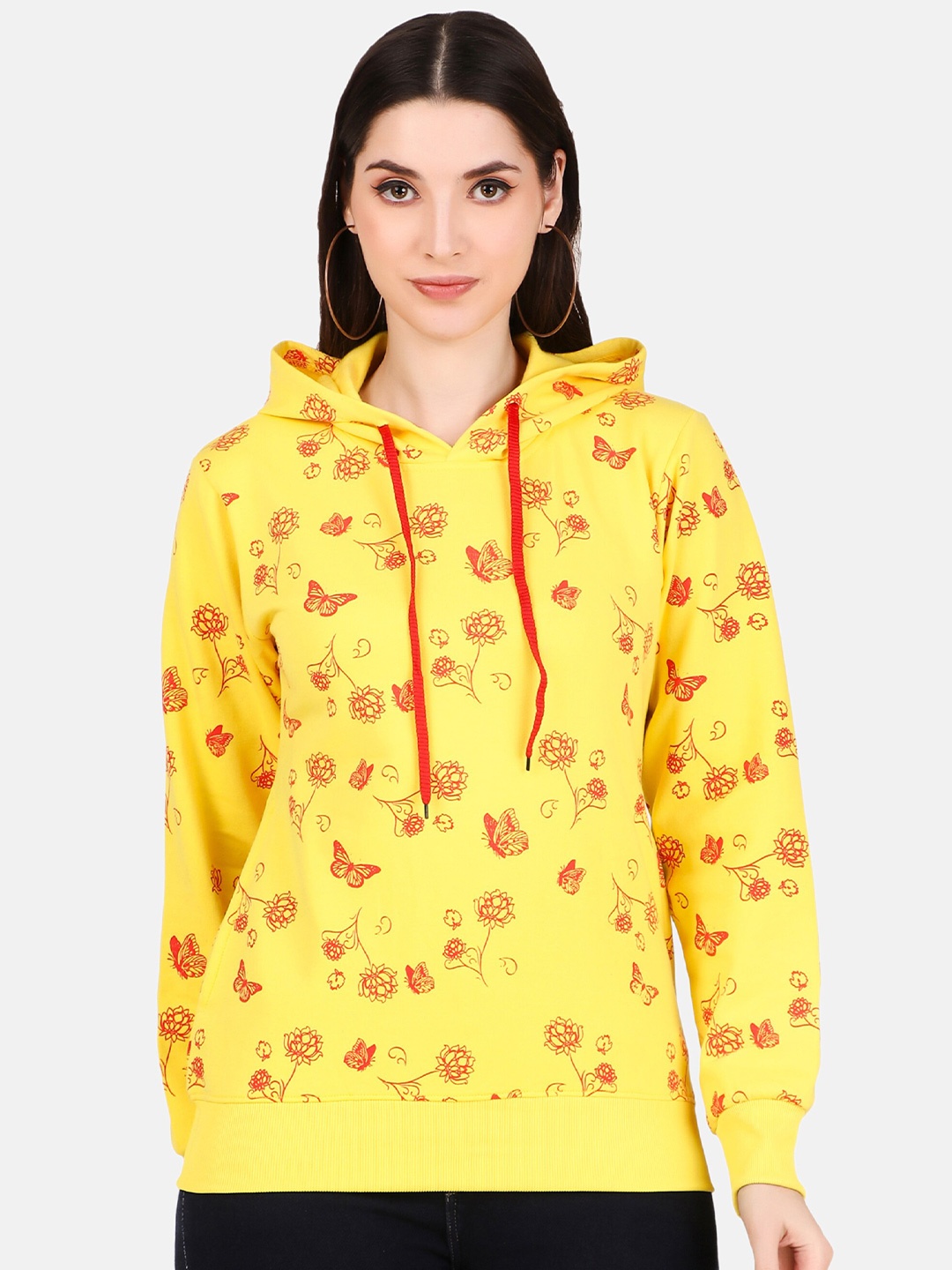 

WELL QUALITY Floral Printed Hooded Fleece Sweatshirt, Yellow