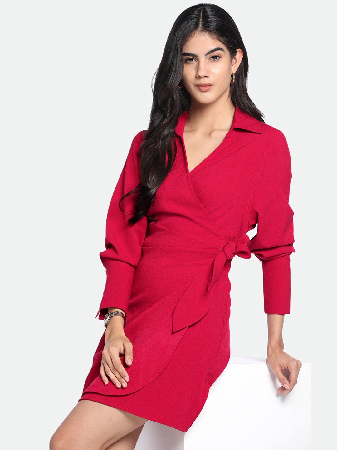 

DL Woman V-Neck Long Sleeves Wrap Dress, Red