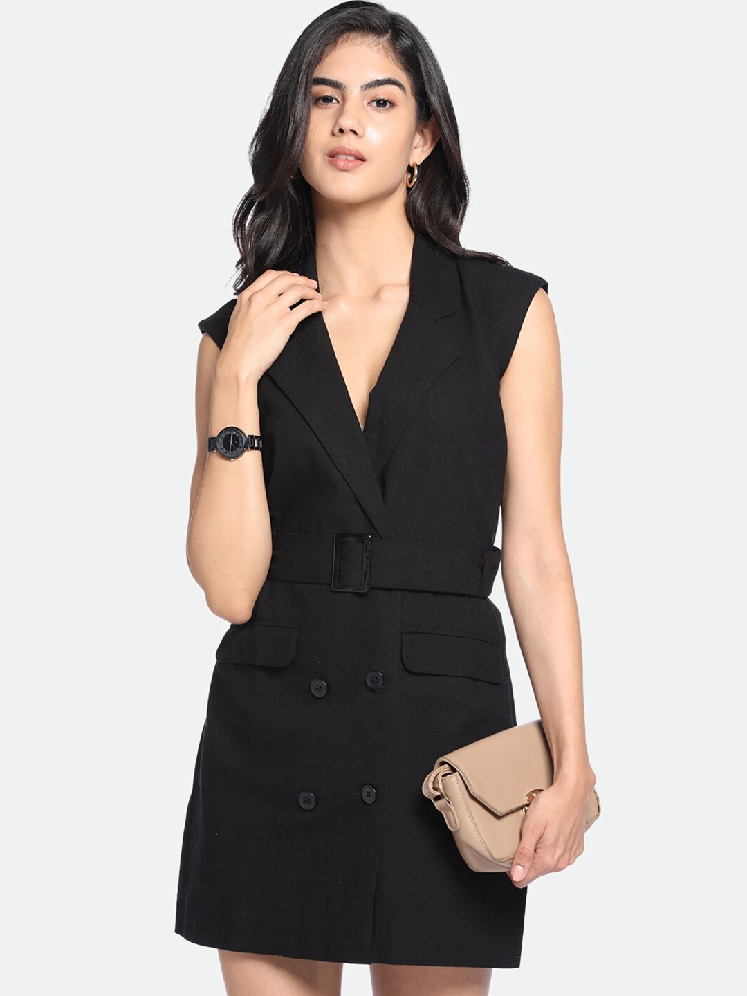 

DL Woman Shirt Collar Mini Wrap Cotton Dress, Black