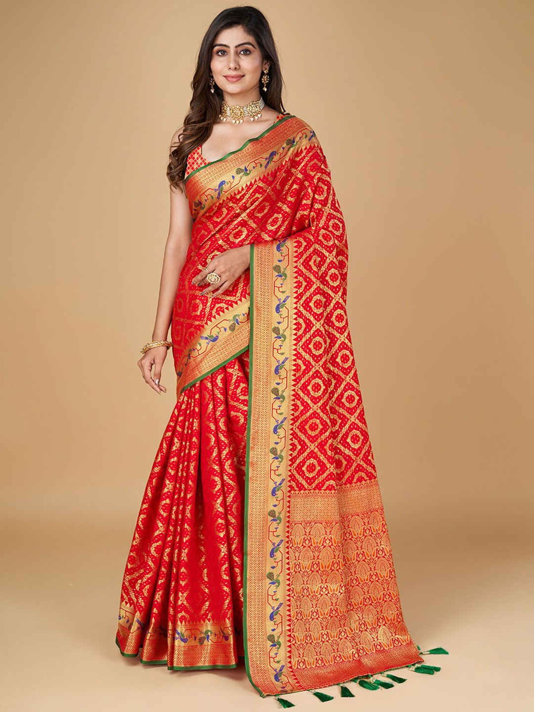 

RAJ DHARMA SILK Ethnic Motifs Zari Silk Patola Saree, Red