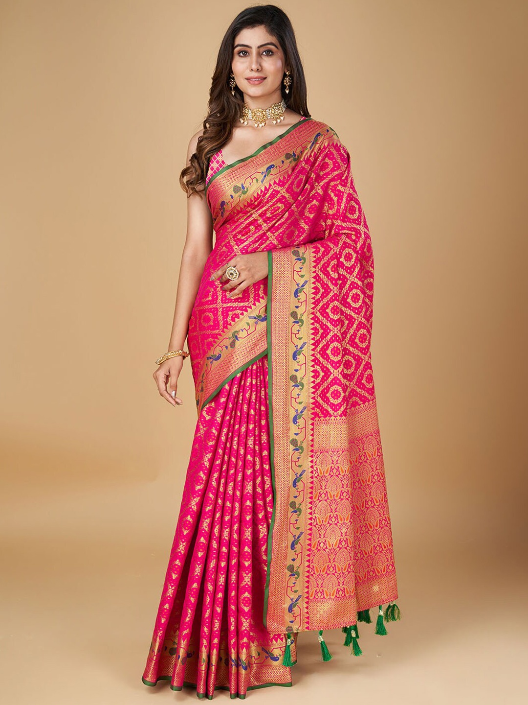 

RAJ DHARMA SILK Woven Design Zari Silk Patola Saree, Pink