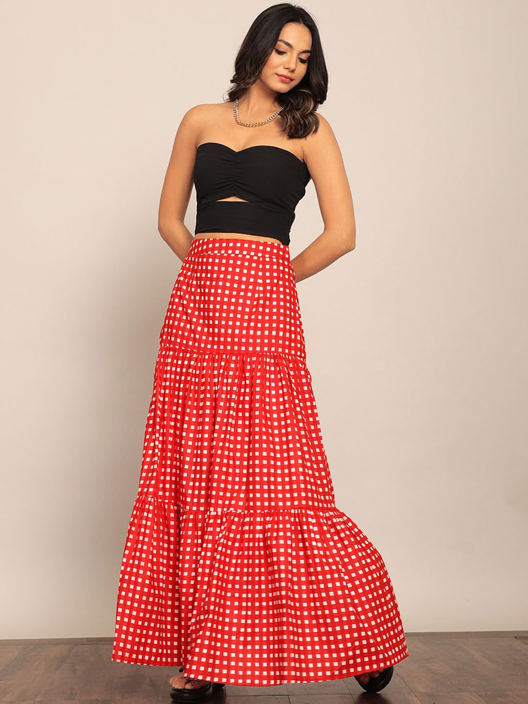 KAORI BY SHREYA AGARWAL Bliss Pure Cotton Crop Top With Checked Tiered Maxi Skirt Co-Ords, Black