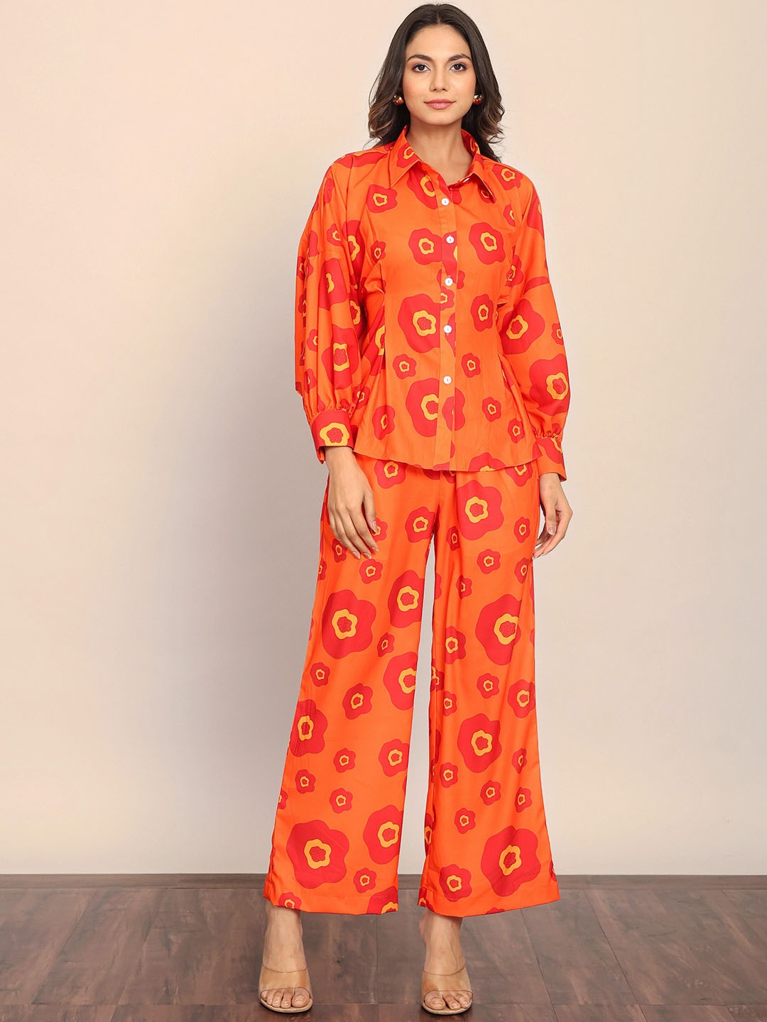 

KAORI BY SHREYA AGARWAL Floral Printed Shirt With Trousers Co-Ords, Orange