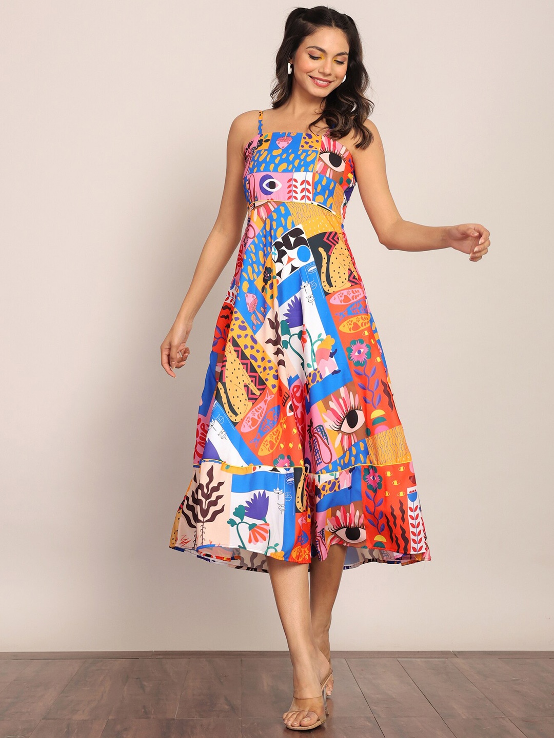 

KAORI BY SHREYA AGARWAL Shoulder Straps Abstract Print Georgette Fit & Flare Midi Dress, Blue