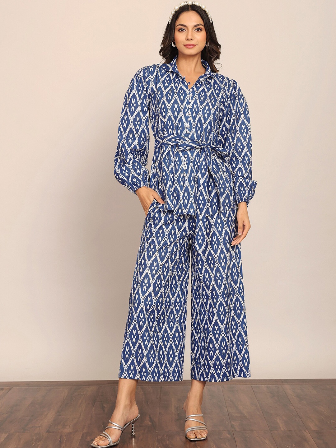 KAORI BY SHREYA AGARWAL Pure Cotton Printed Shirt With Trousers & Belt Co-Ords, Blue