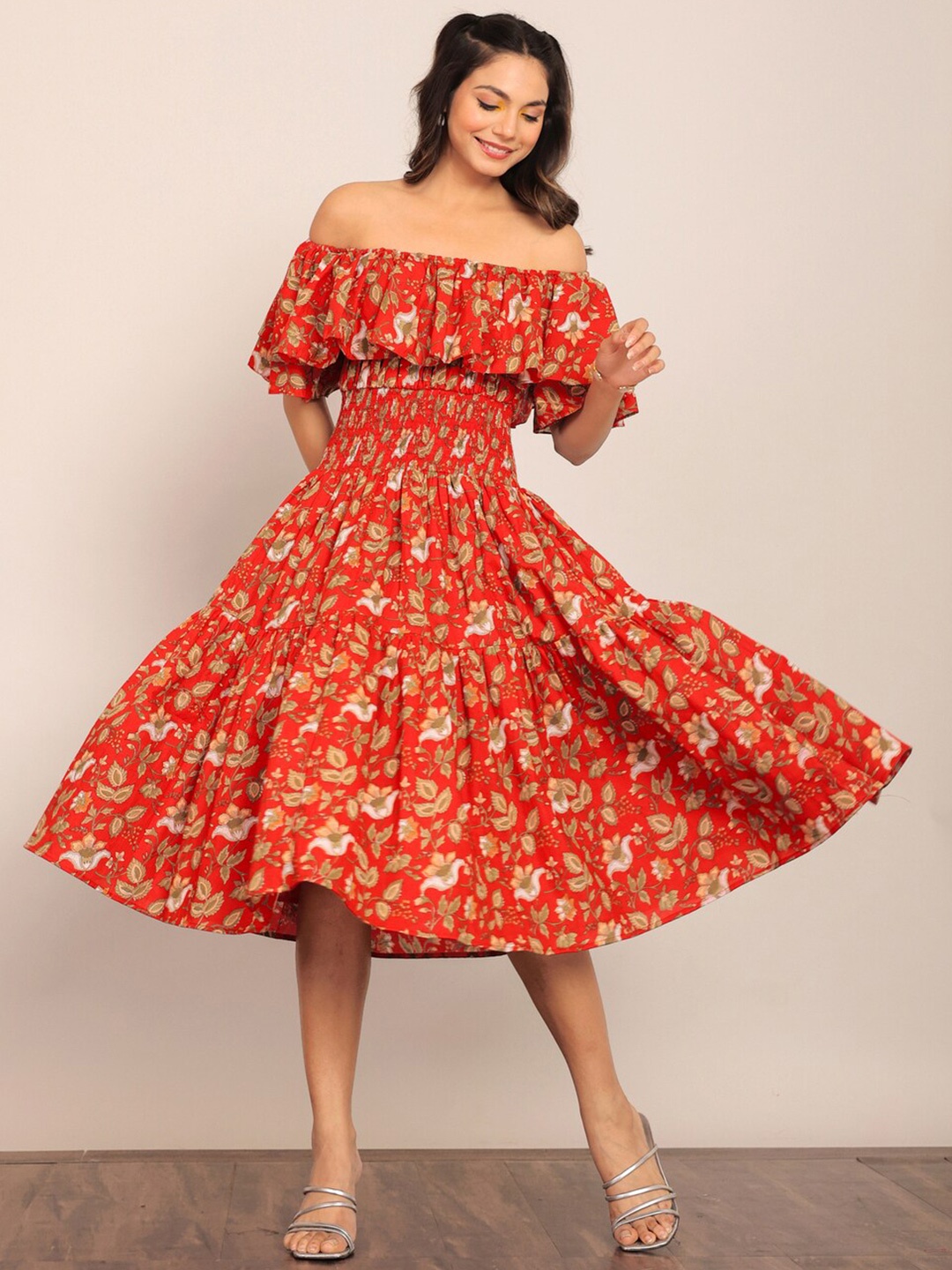 

KAORI BY SHREYA AGARWAL Floral Print Off-Shoulder Flared Sleeve A-Line Midi Dress, Red