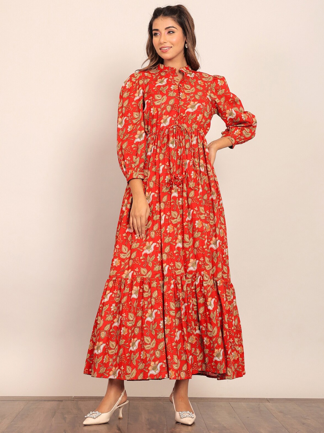 

KAORI BY SHREYA AGARWAL Floral Print Mandarin Collar Puff Sleeve Cotton Maxi Midi Dress, Orange