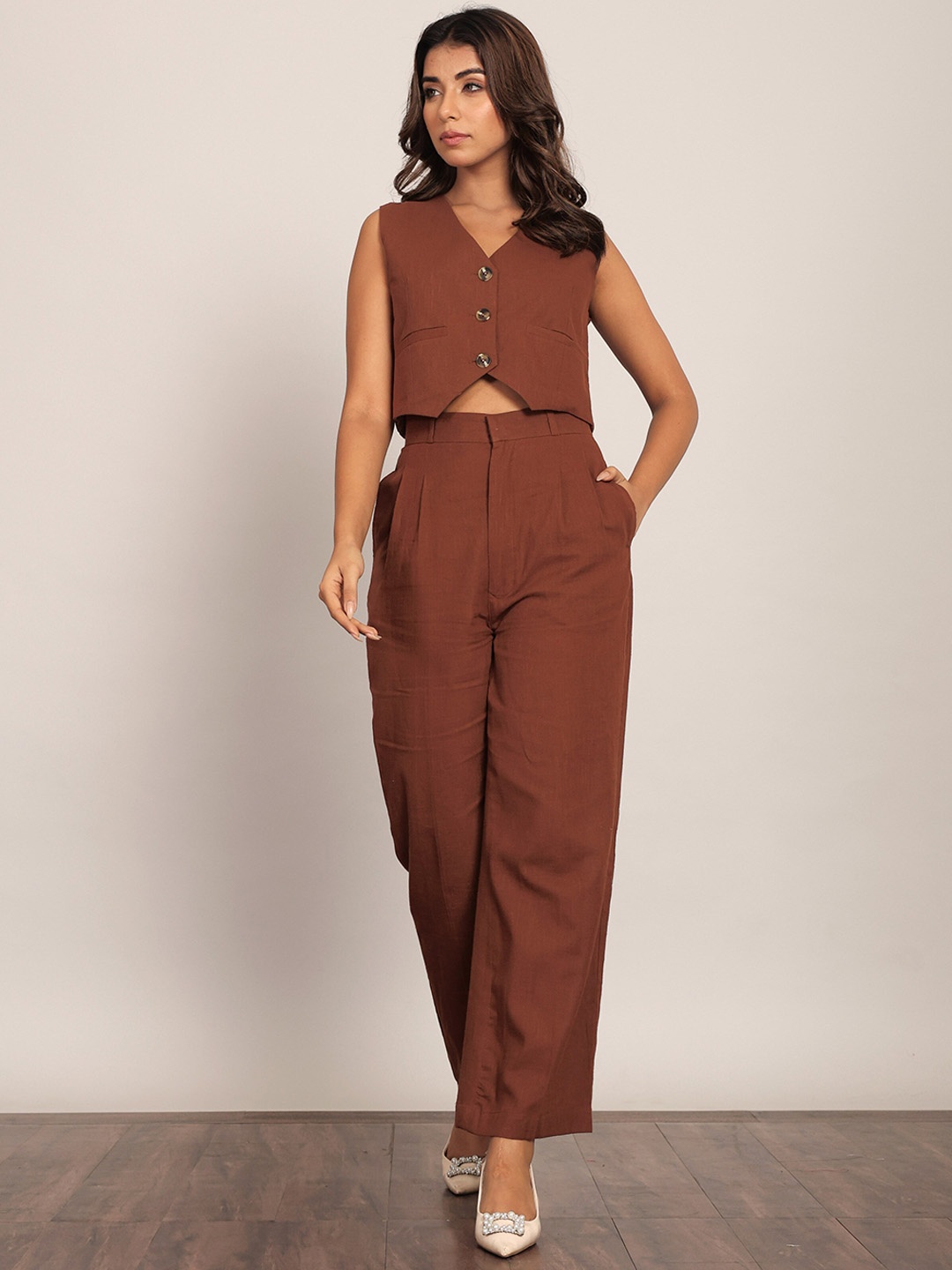 

KAORI BY SHREYA AGARWAL Crop Top With Trousers Co-Ords, Brown