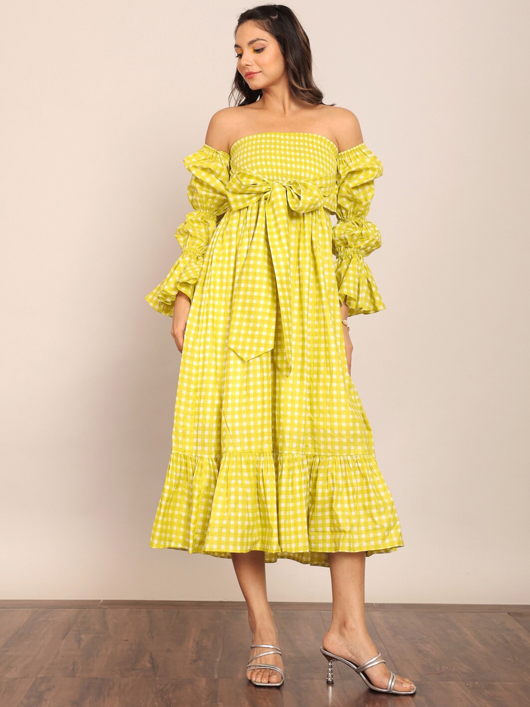 

KAORI BY SHREYA AGARWAL Checked Off-Shoulder Cotton Bell Sleeve A-Line Midi Dress, Green