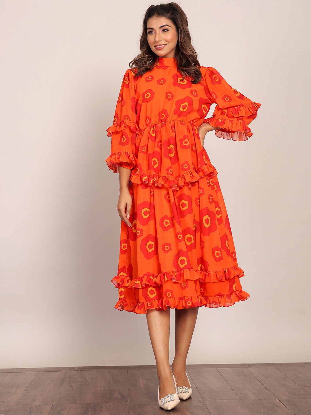 

KAORI BY SHREYA AGARWAL Mock Neck Floral Print Bell Sleeve Georgette A-Line Midi Dress, Orange