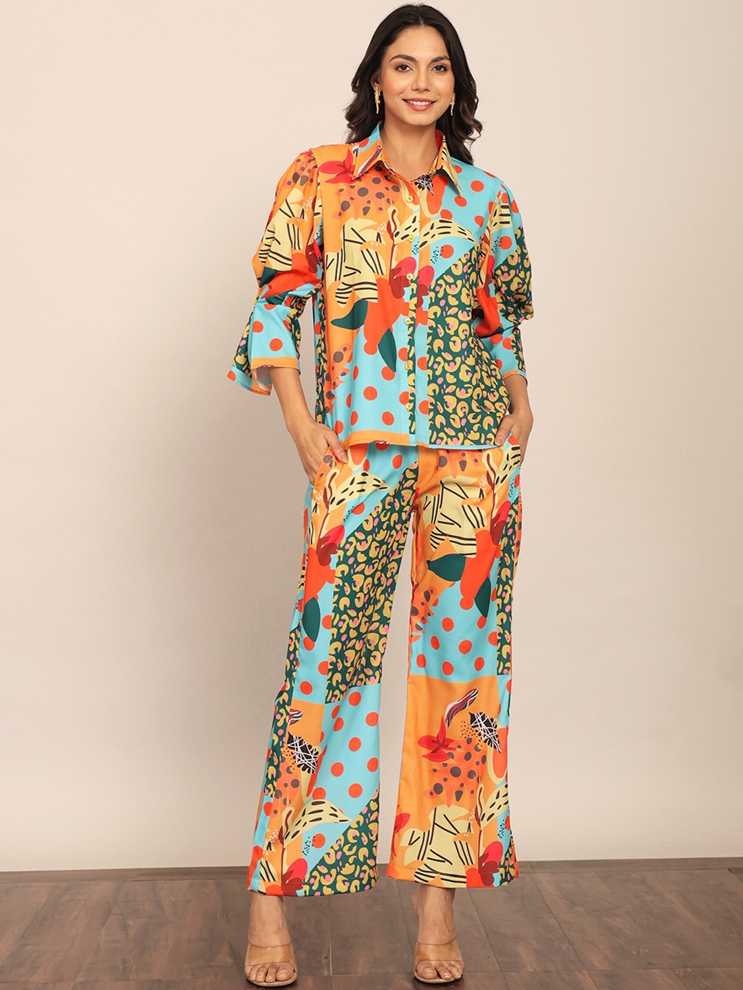 

KAORI BY SHREYA AGARWAL Bliss Printed Shirt With Trousers Co-Ords, Orange
