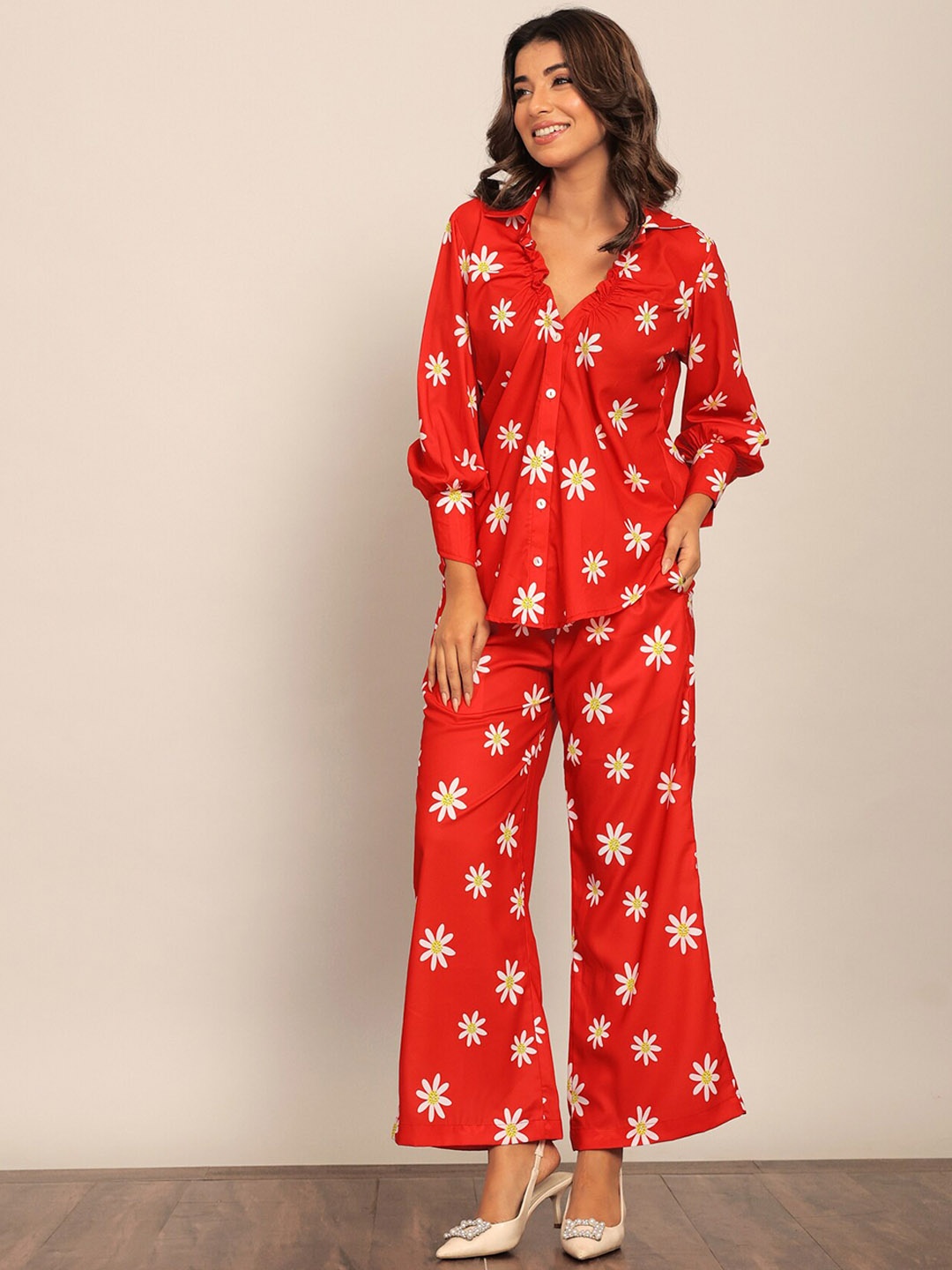 KAORI BY SHREYA AGARWAL Relaxed Fit Printed Shirt With Trousers Co-Ords, Red