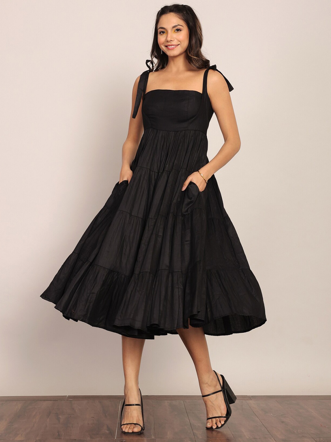 

KAORI BY SHREYA AGARWAL Fit & Flare Ruffled Midi Dress, Black