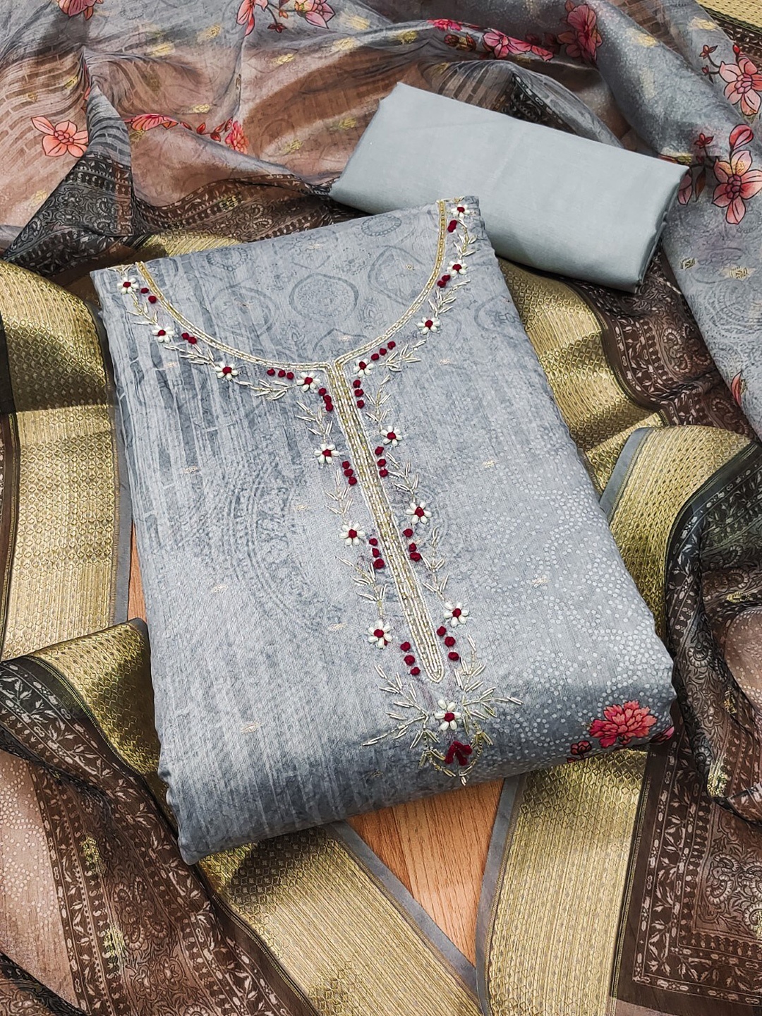 

KALINI Printed Unstitched Dress Material, Grey