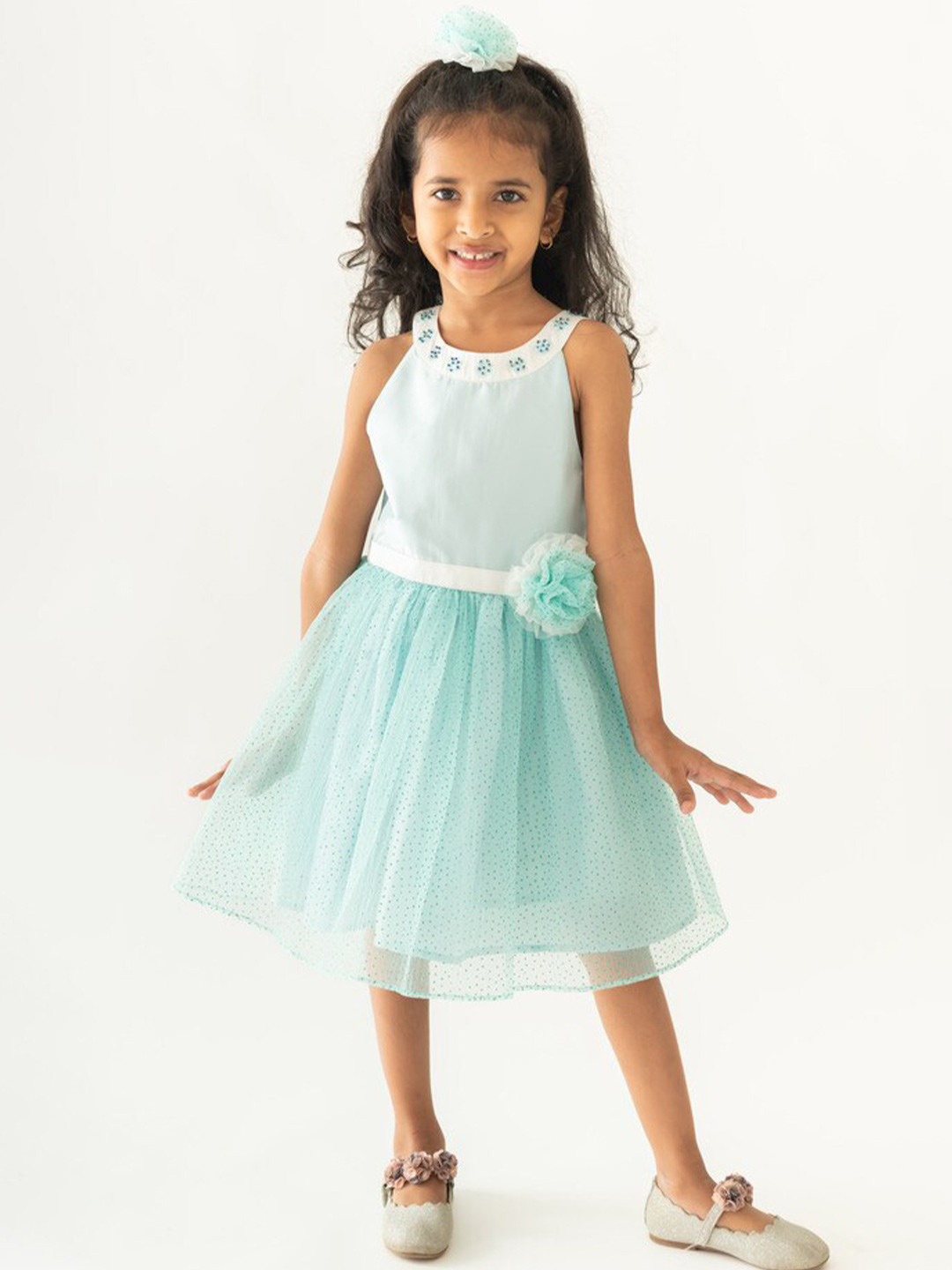 

A Little Fable Printed Round Neck Sleeveless Fable Fit & Flare Dress, Blue