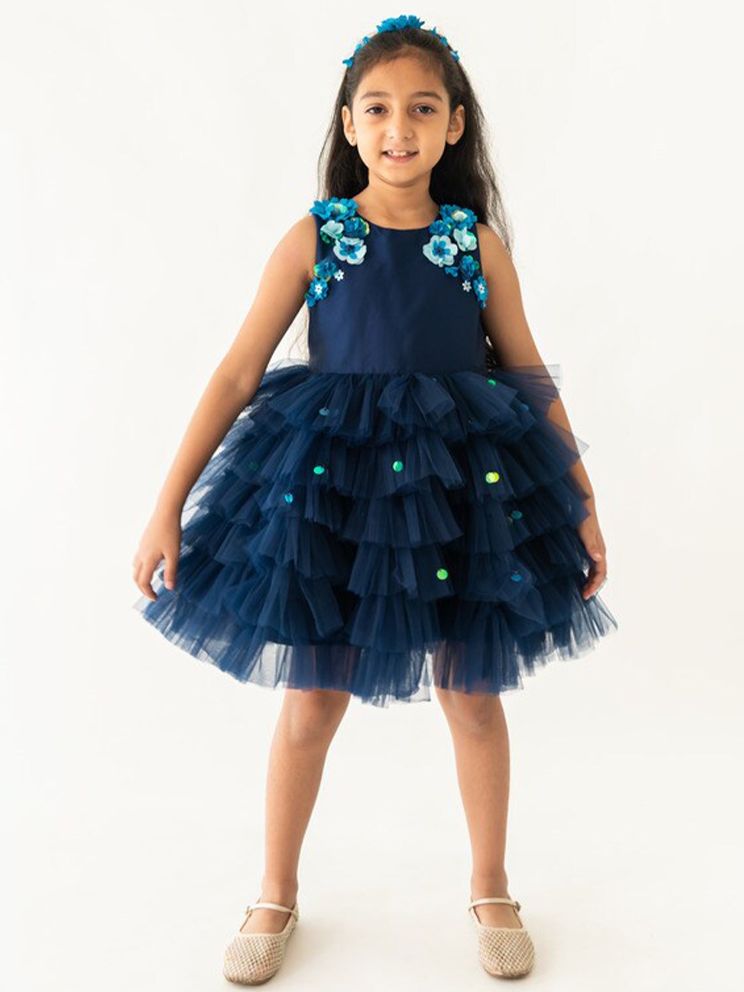 

A Little Fable Embellished Round Neck Sleeveless Fable Fit & Flare Dress, Navy blue