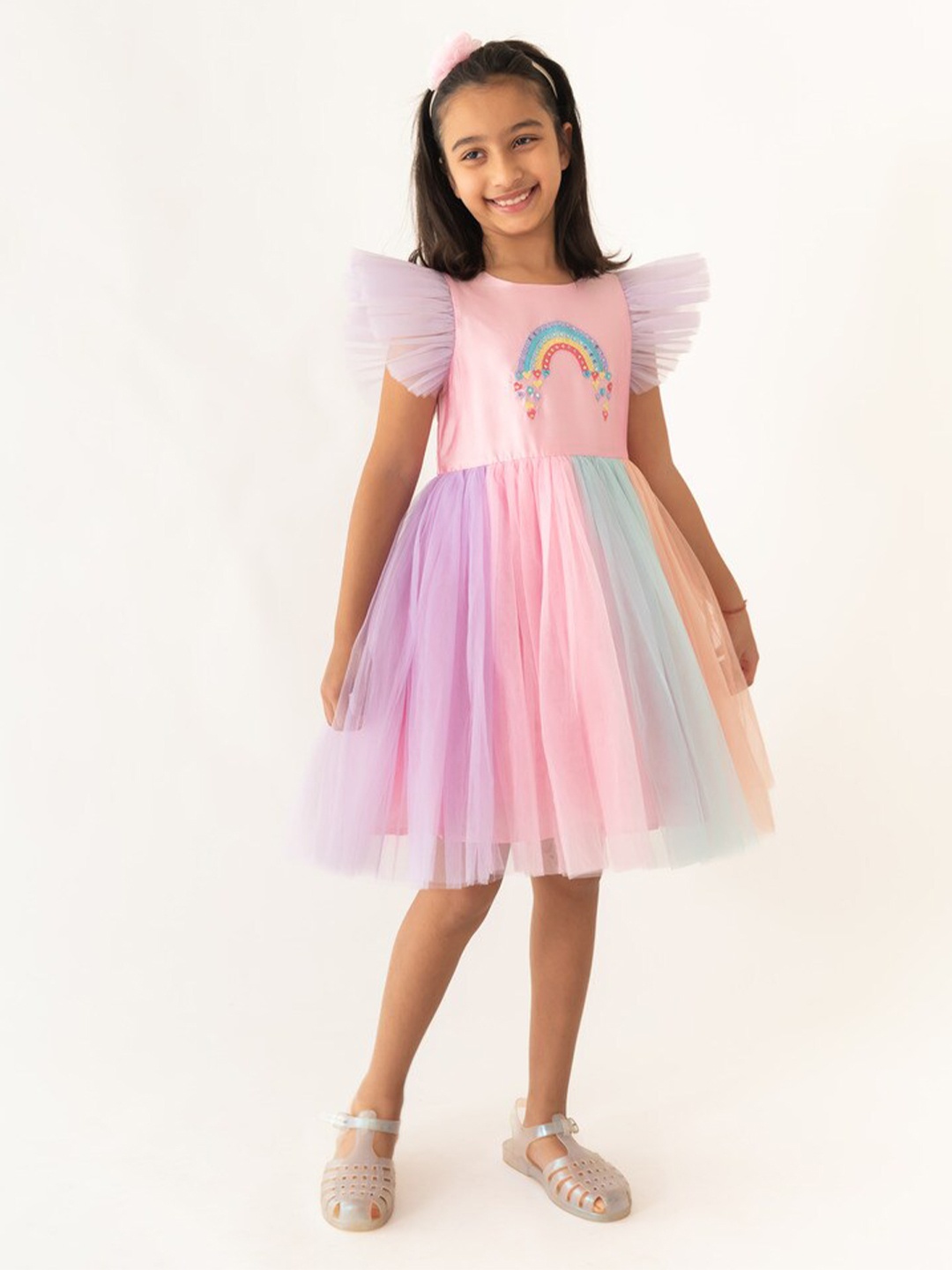 

A Little Fable Round Neck Short Flutter Sleeve Fit & Flare Dress, Purple