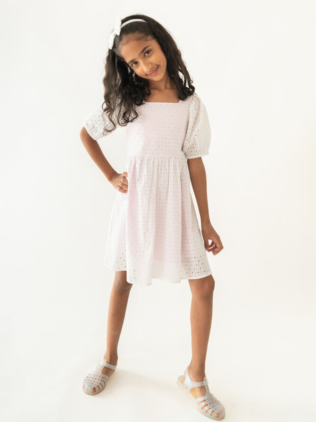 

A Little Fable Round Neck Short Puff Sleeve Fable A-Line Cotton Dress, White