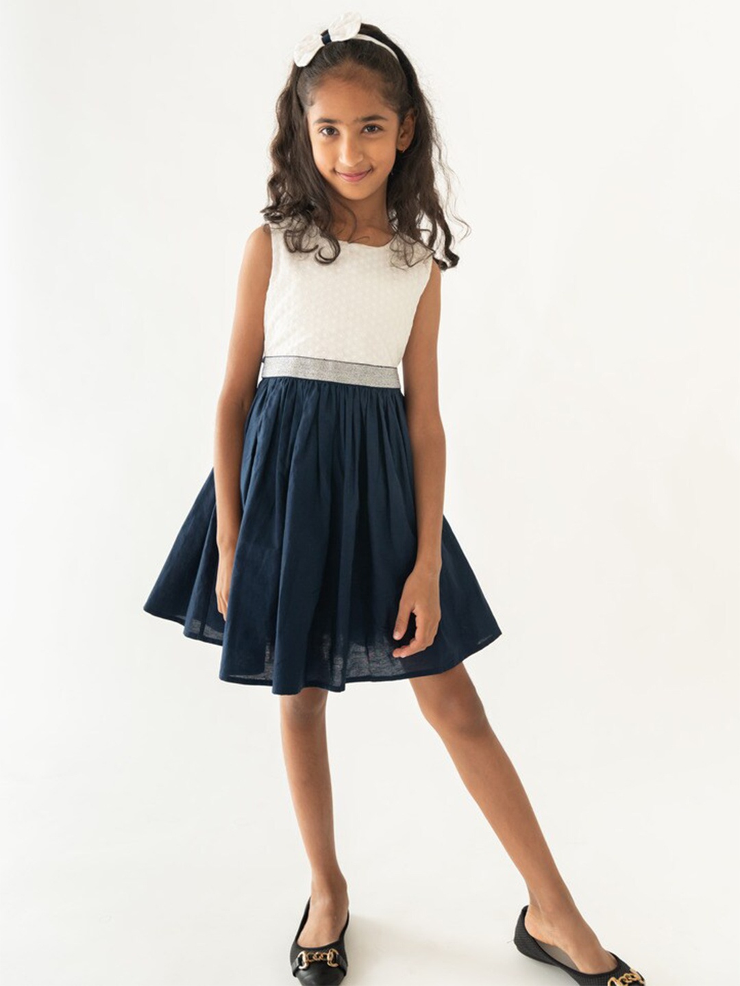 

A Little Fable Girls Round Neck Bow Embellished Cotton Fit & Flare Dress, Navy blue