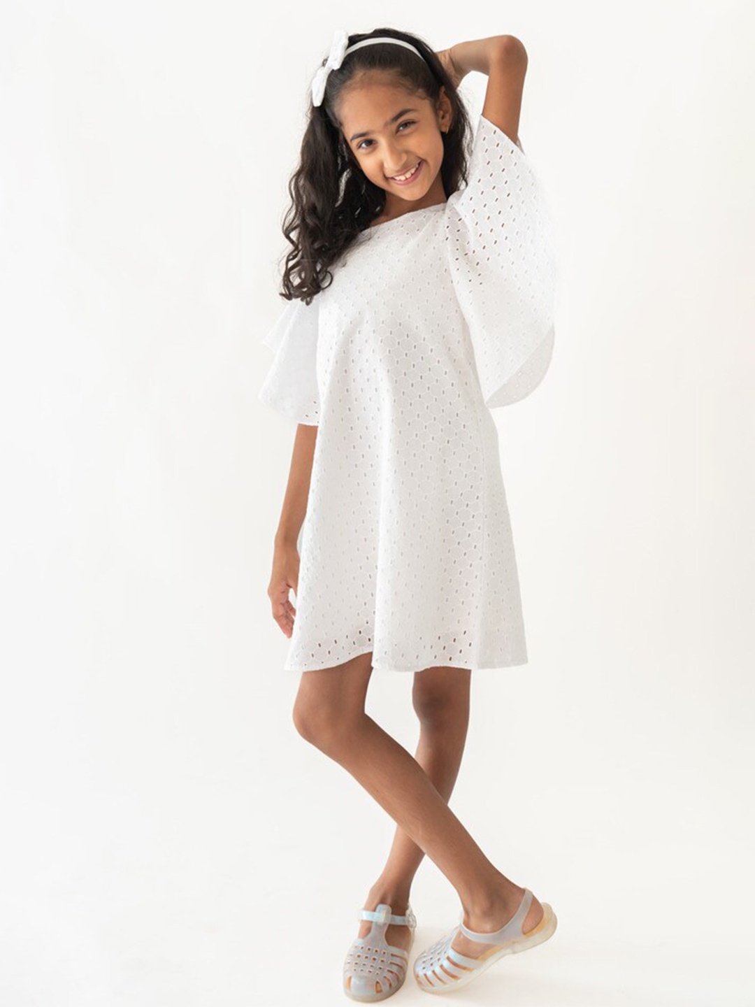 

A Little Fable Girls Round Neck Flared Sleeves Cotton A-Line Dress, White