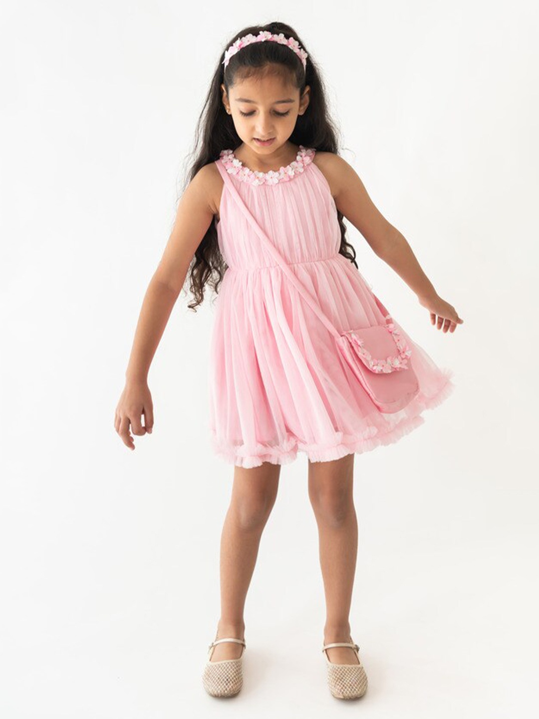 

A Little Fable Girls Round Neck Embellished Cotton Fit & Flare Dress, Pink