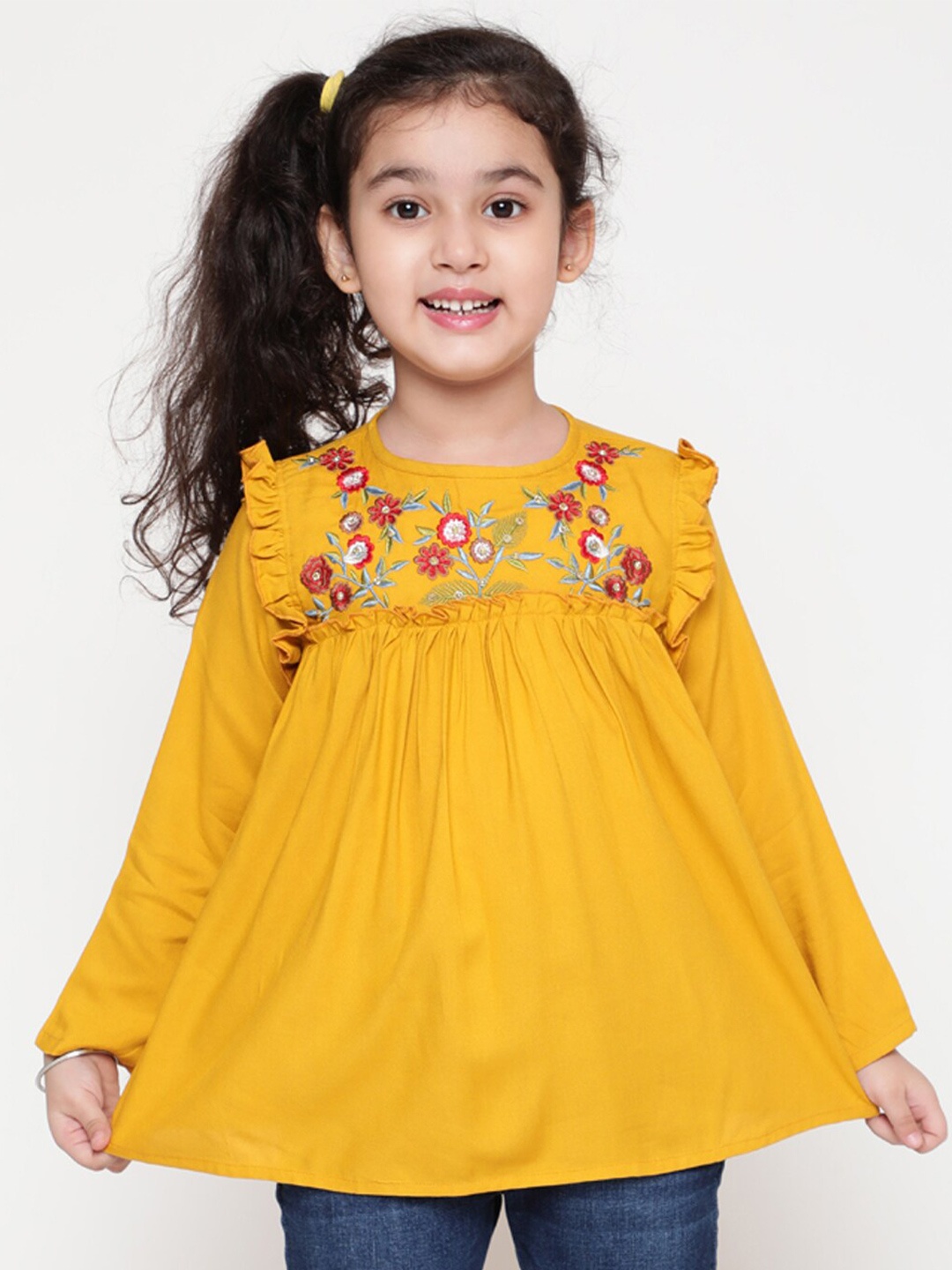 

BAESD Girls Floral Embroidered Round Neck Ruffled Regular Top, Mustard