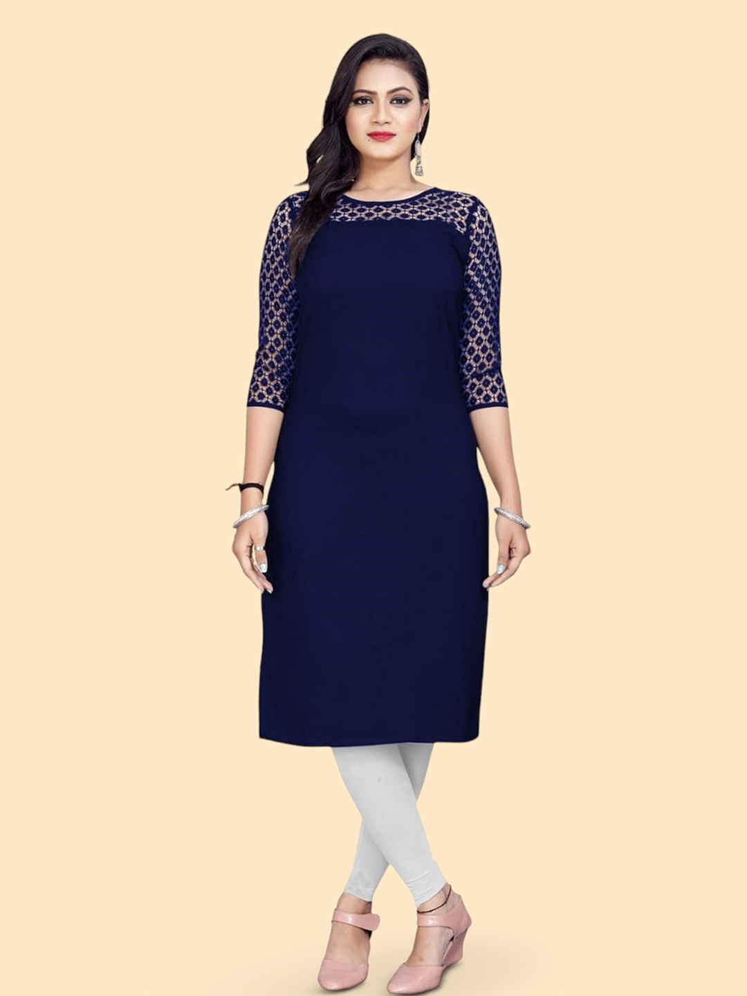 

Dream Beauty Fashion Round Neck Rasal Net Detail Pure Crepe Straight Kurta, Navy blue