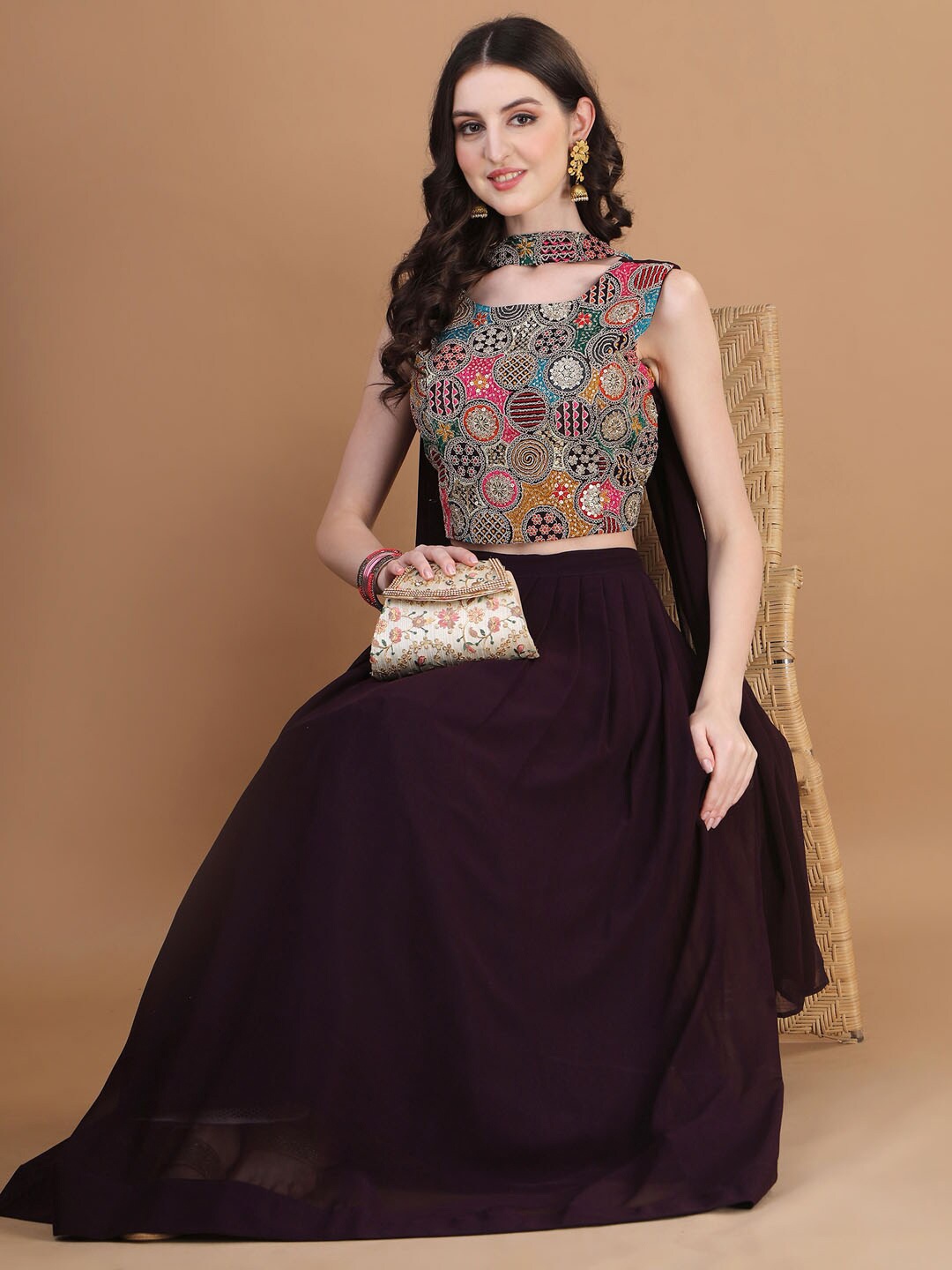 

Kinjo Embroidered Thread Work Ready to Wear Lehenga & Blouse With Dupatta, Purple