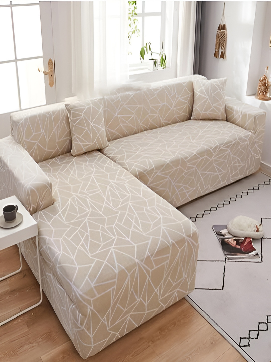 

HOUSE OF QUIRK Beige2 Pieces Abstract Printed 6 Seater Elasticated L Type Sofa Cover, Beige