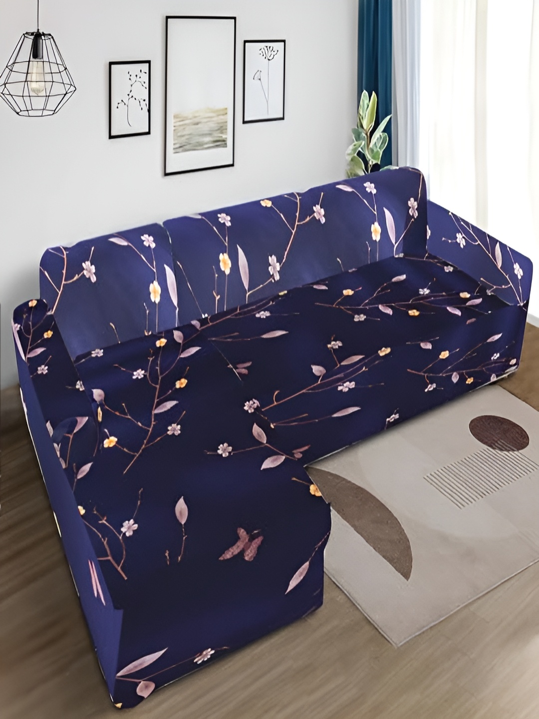 

HOUSE OF QUIRK Navy Blue & Orange 2 Pieces Printed 140 GSM Sofa Cover