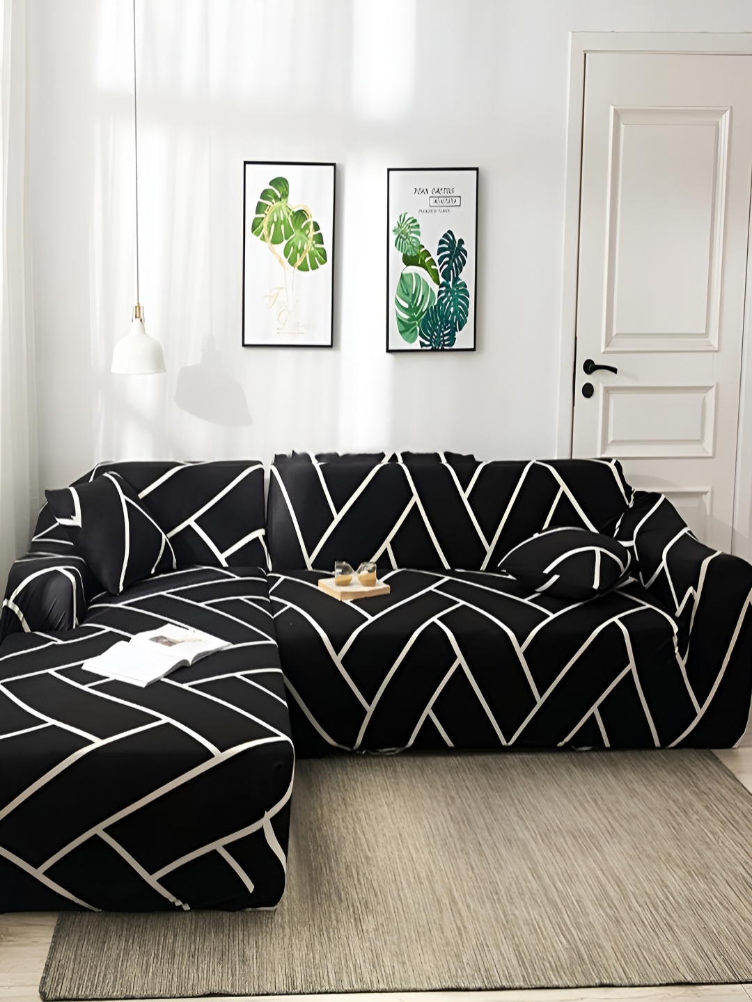 

HOUSE OF QUIRK Black & White 2 Pcs Geometric 6 Seater L Shape Elasticated Sofa Covers