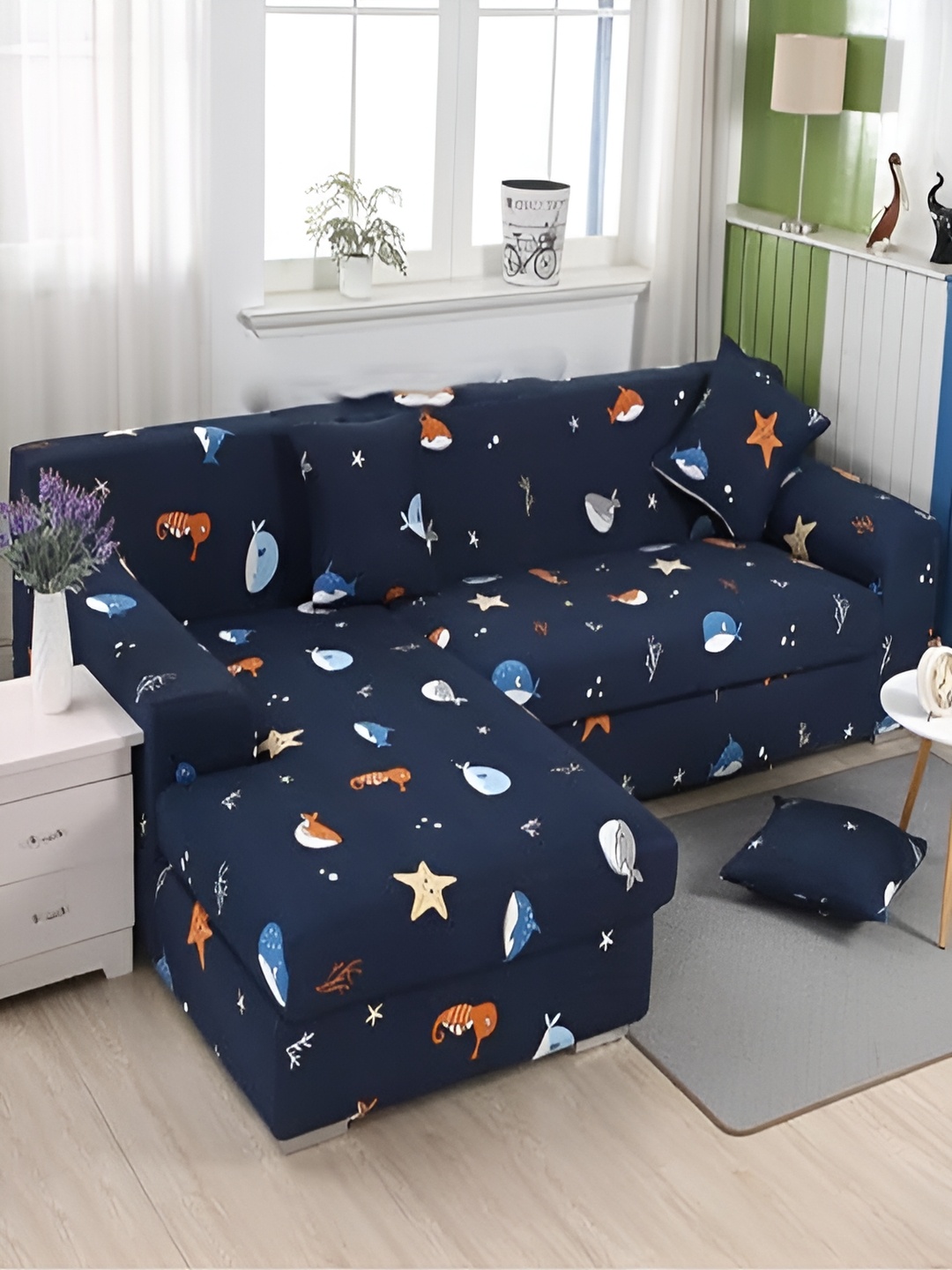 

HOUSE OF QUIRK Navy Blue & White 2 Pieces Printed Sofa Cover
