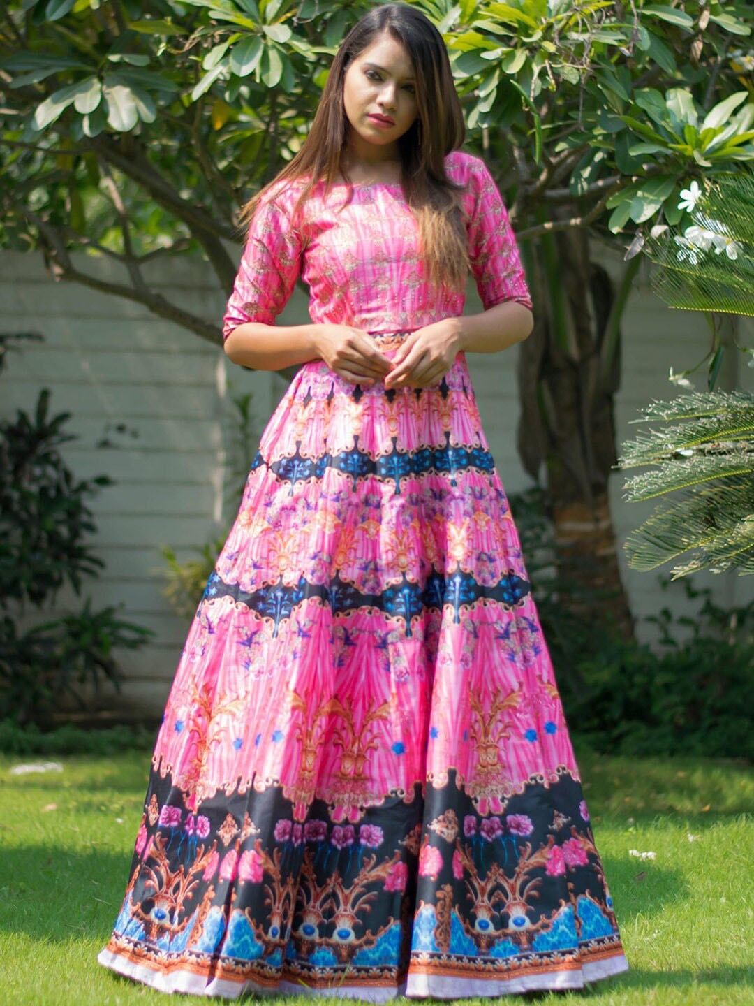 

Zeel Clothing Floral Printed Fite & Flare Maxi Ethnic Dress & Dupatta, Pink