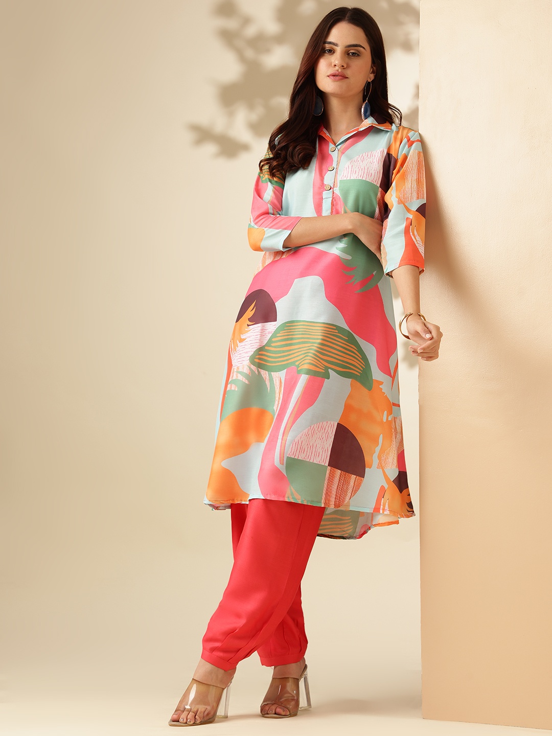 

Anouk Red Printed Shirt Collar A-Line Kurta With Salwar