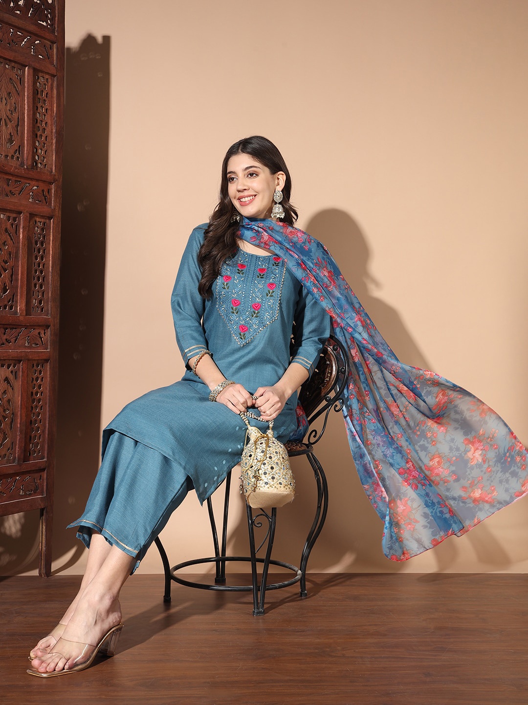 

Anouk Blue Ethnic Motifs Embroidered Round Neck Pure Cotton Kurta & Trousers With Dupatta