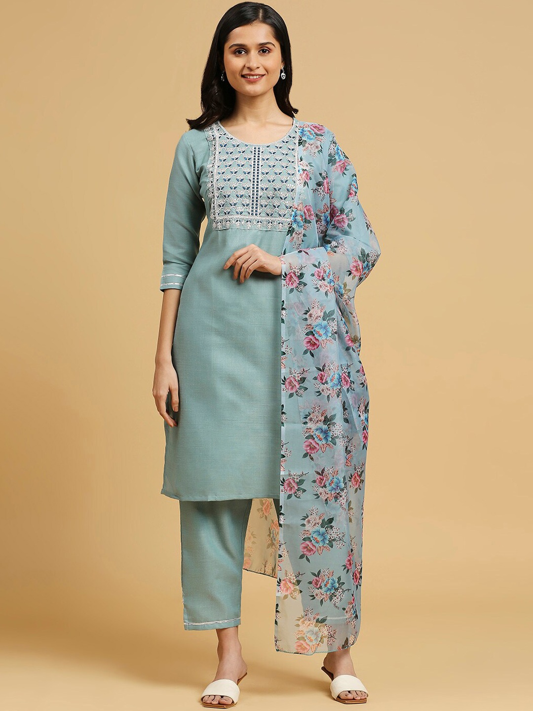 

Anouk Ethnic Motifs Embroidered Regular Pure Cotton Kurta With Trousers & Dupatta, Sea green