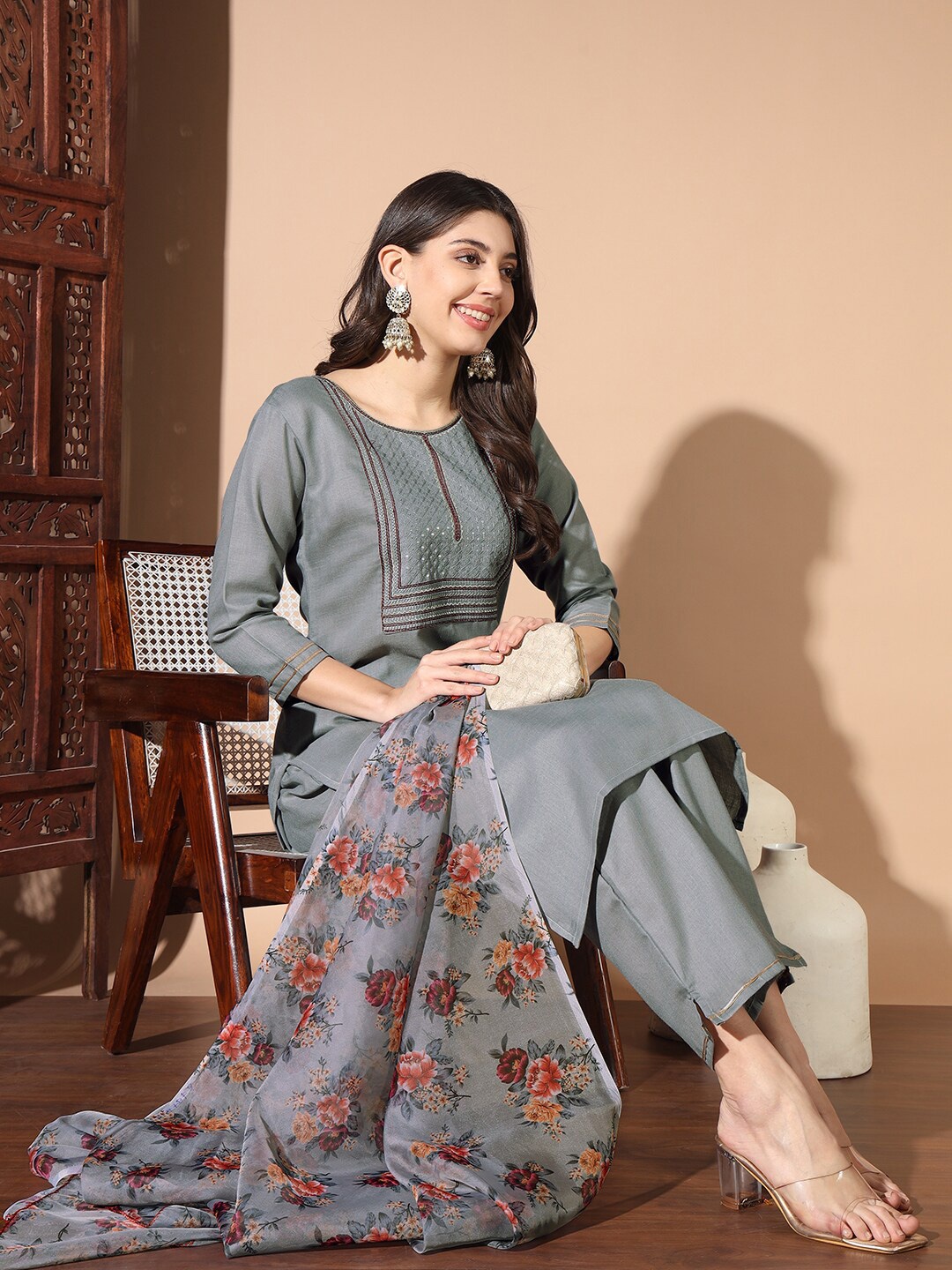 

Anouk Ethnic Motifs Regular Sequinned Pure Cotton Kurta With Trousers & Dupatta, Grey