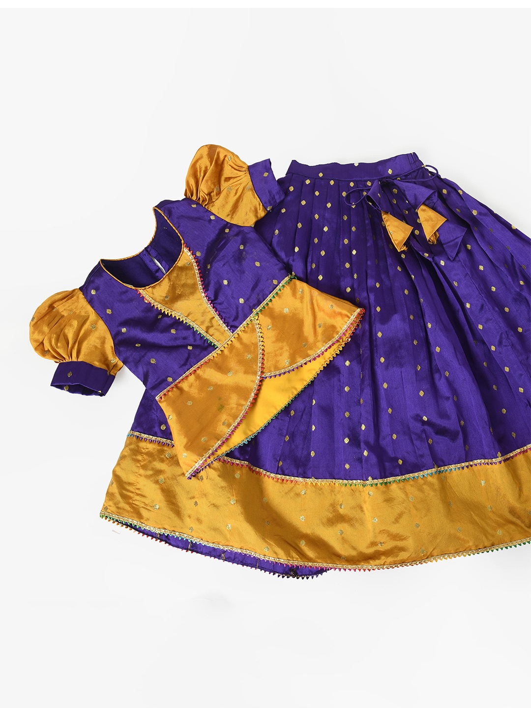 

BAESD Girls Ethnic Motif Woven Designed Puffed Sleeves Ready to Wear Lehenga & Blouse, Purple