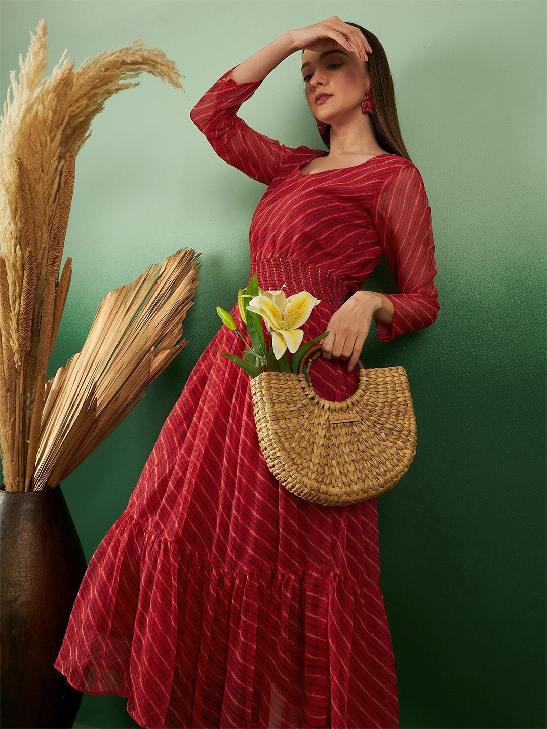 

Sangria Red Striped Smocked Tiered Georgette Fit & Flare Midi Ethnic Dress